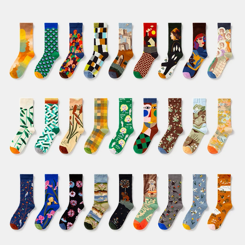 A collection of colorful art-inspired crew socks