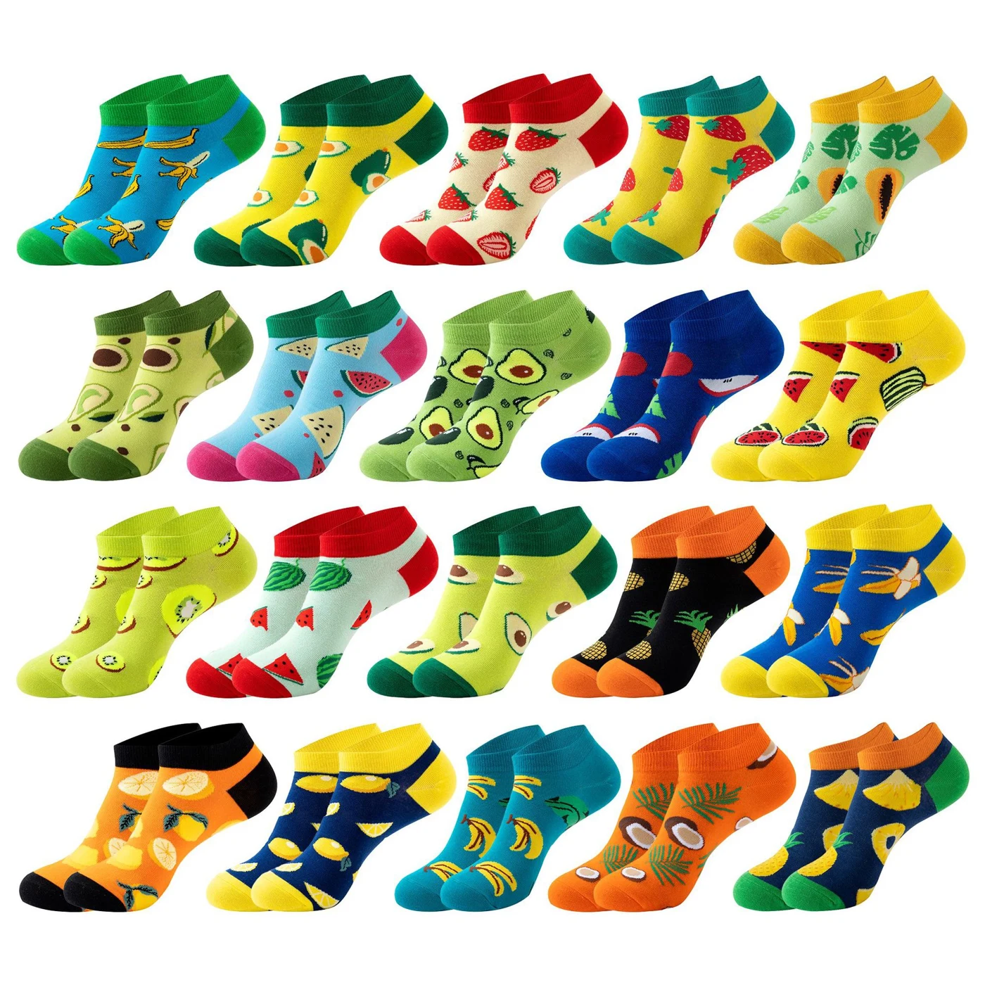 Colorful fruit-pattern ankle socks showcasing custom designs