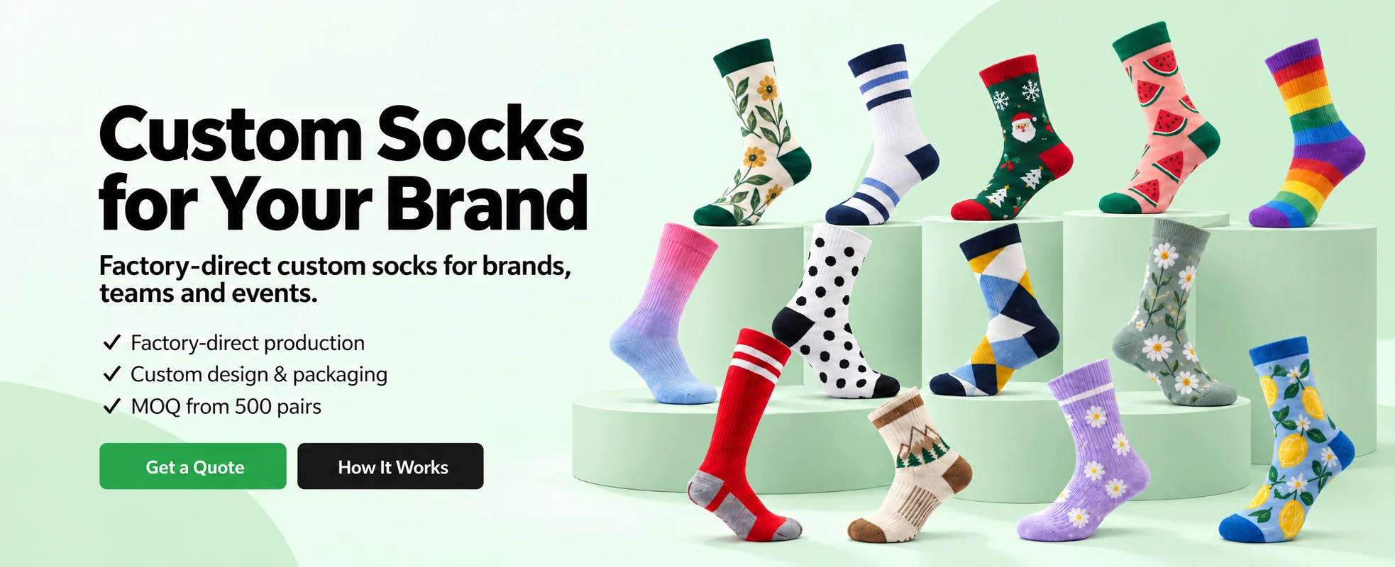 Custom socks for your brand: factory-direct production, custom design and packaging, MOQ from 500 pairs